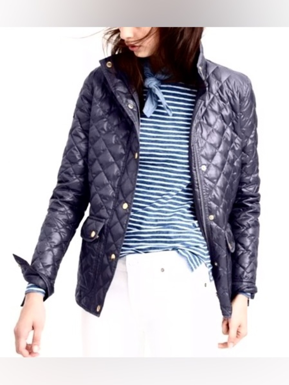 J. CREW Navy Blue Shiny Quilted Down Puffer Jacket Coat Size Small - Picture 2 of 11